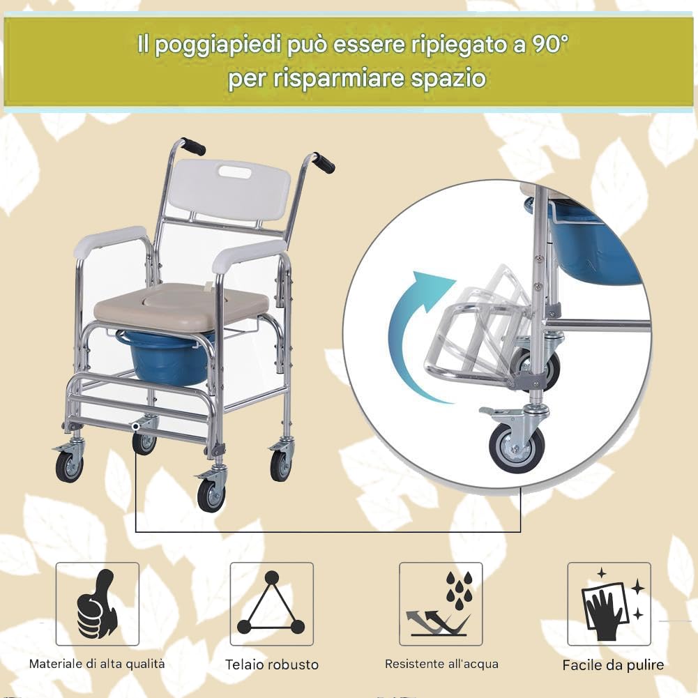 BAKAJI Silla de ruedas impermeable con inodoro y asiento de piel sintética con 4 ruedas y freno, maceta extraíble con reposabrazos cómodos, asiento con inodoro y respaldo para pacientes, ancianos