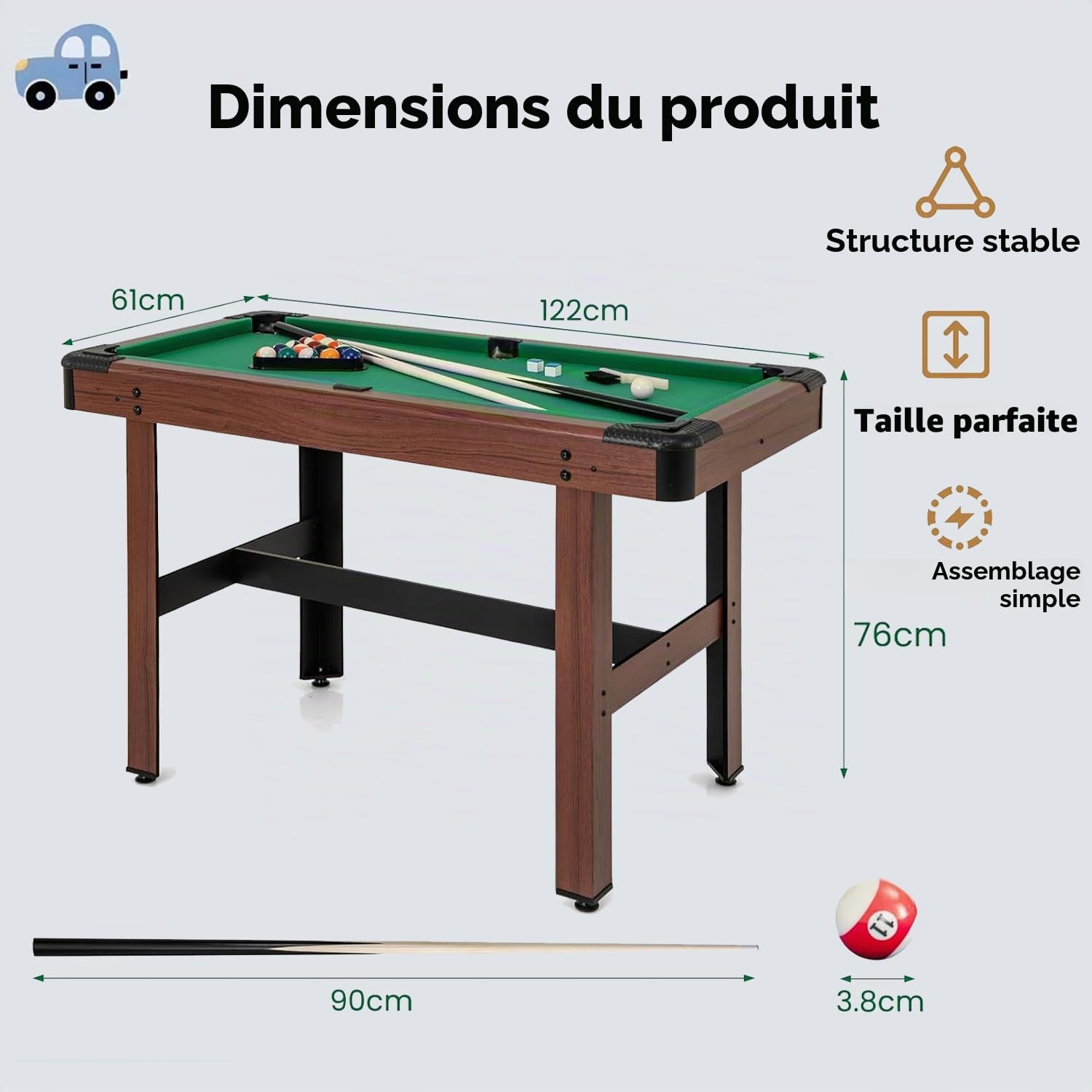 Table de billard FCOUMY de 1,22 m, table de billard en bois avec 16 balles, 2 queues, 2 craies, support à triangles et brosse, set de table de snooker pour enfants et adultes