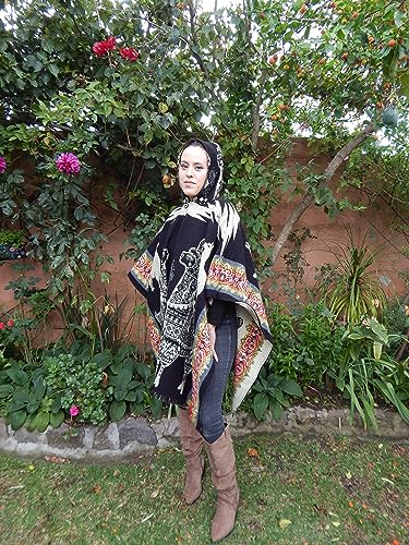 Blue Butterfly - Alpaca Comfort Charcoal Hooded Poncho (One Size) - Women's & Unisex-Adult - Alpaca Wool - Geometric Design - Handmade in Ecuador4