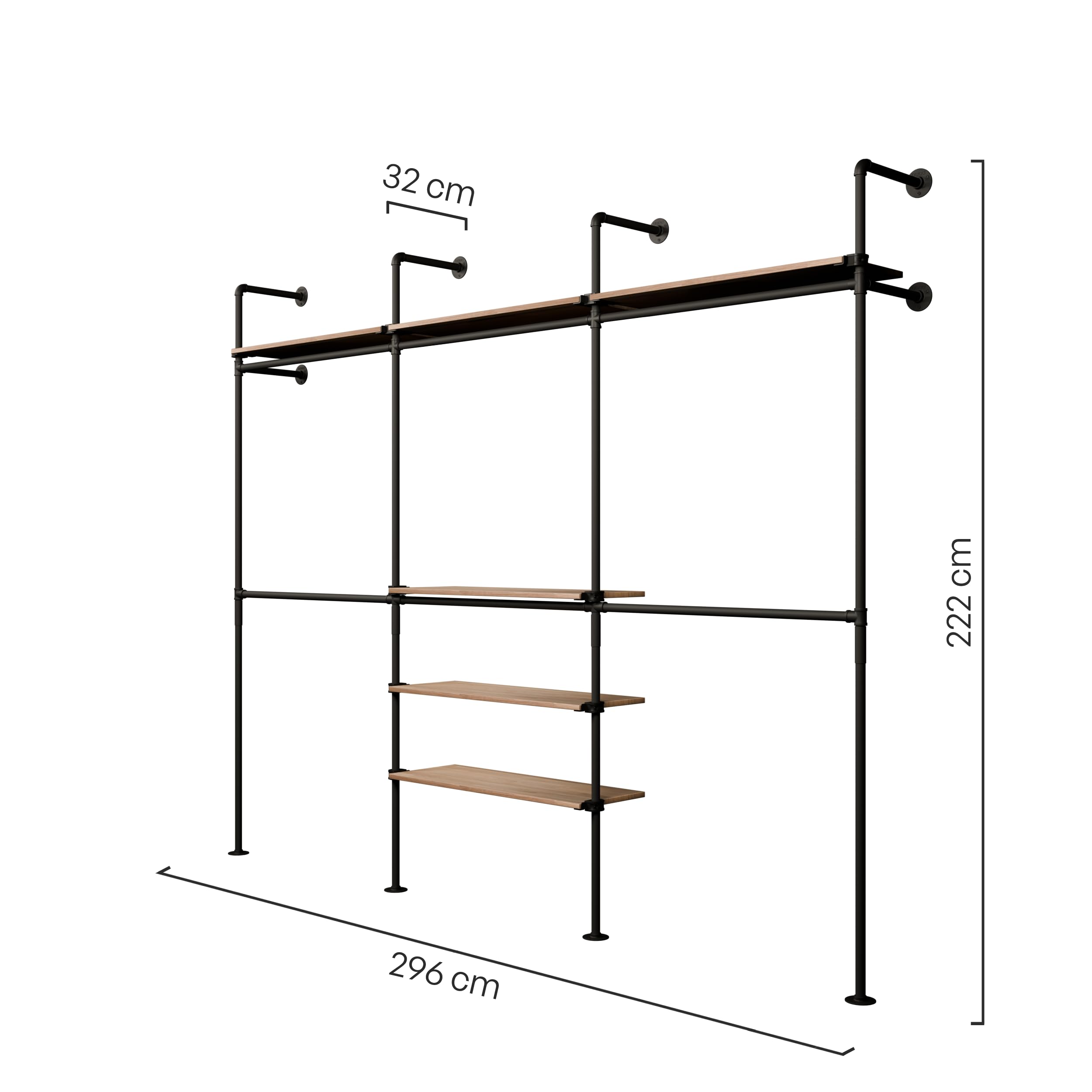 pamo appendiabiti da muro 460 kg capacità di carico – Armadio aperto o barra appendiabiti industriale nero con tubi in metallo – Ripiani in Roble massiccio