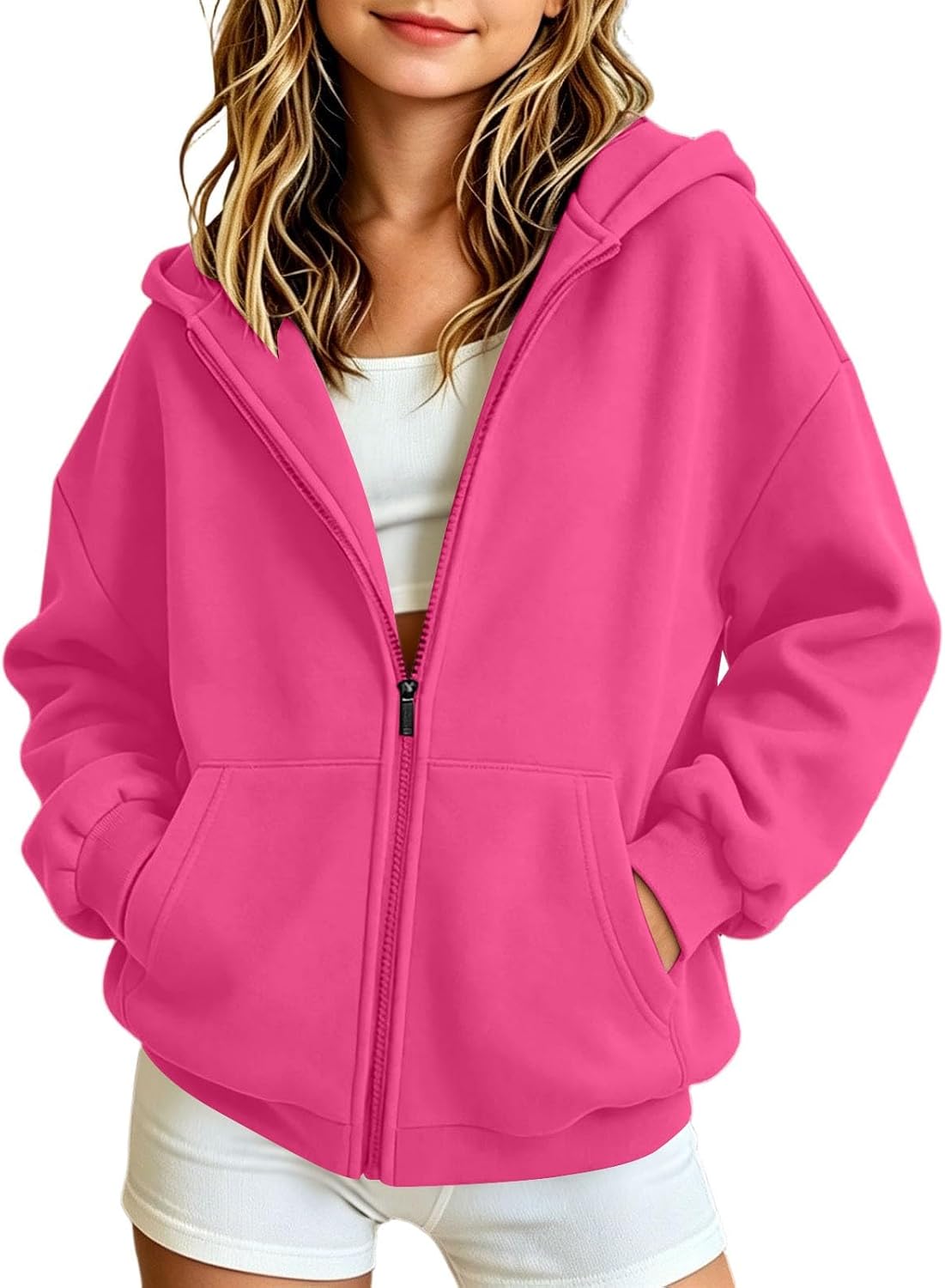 Teen Girls Zip Up Hoodie Fleece Sweatshirt Warm Hooded Cardigan Jacket Kids Fall School Uniform Comfy Lightweight Coats