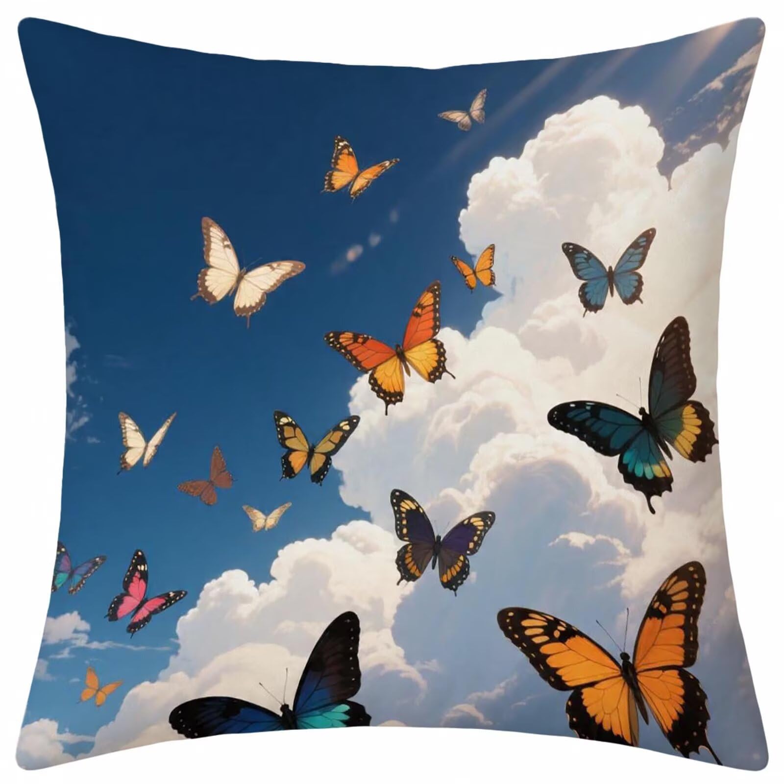 Housse de coussin 65x65 cm en lin bleu avec motif papillon pour salon