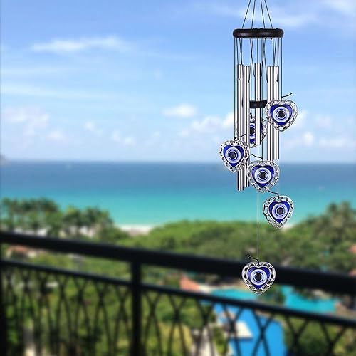 Miniatura 4 de Campanillas de viento de corazón de ojo malvado azul, adornos colgantes de tubos de metal, decoración de jardín al aire libre (corazón)