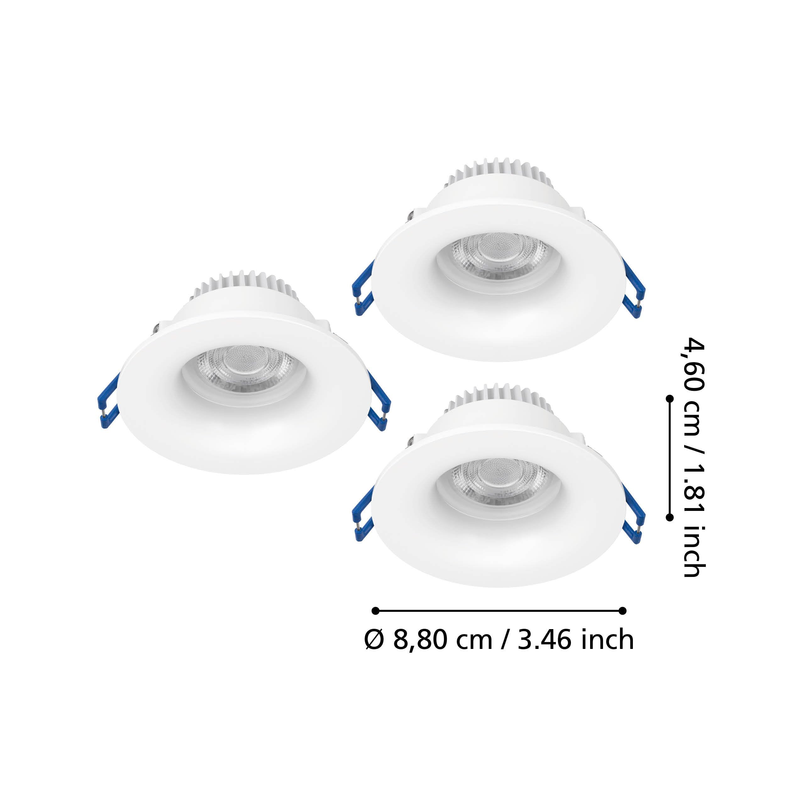 Eglo set de 3 focos empotrables Salabate, Ø 8,8 cm, spots de techo | para baño, aluminio blanco, luz cálida, neutra, fría, IP65
