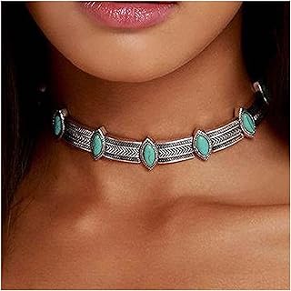 Yheakne Boho Turquoise Choker Necklace Vintage Turquoise Necklace Chunky Silver Chain Necklace Thick Collarbone Necklace G...