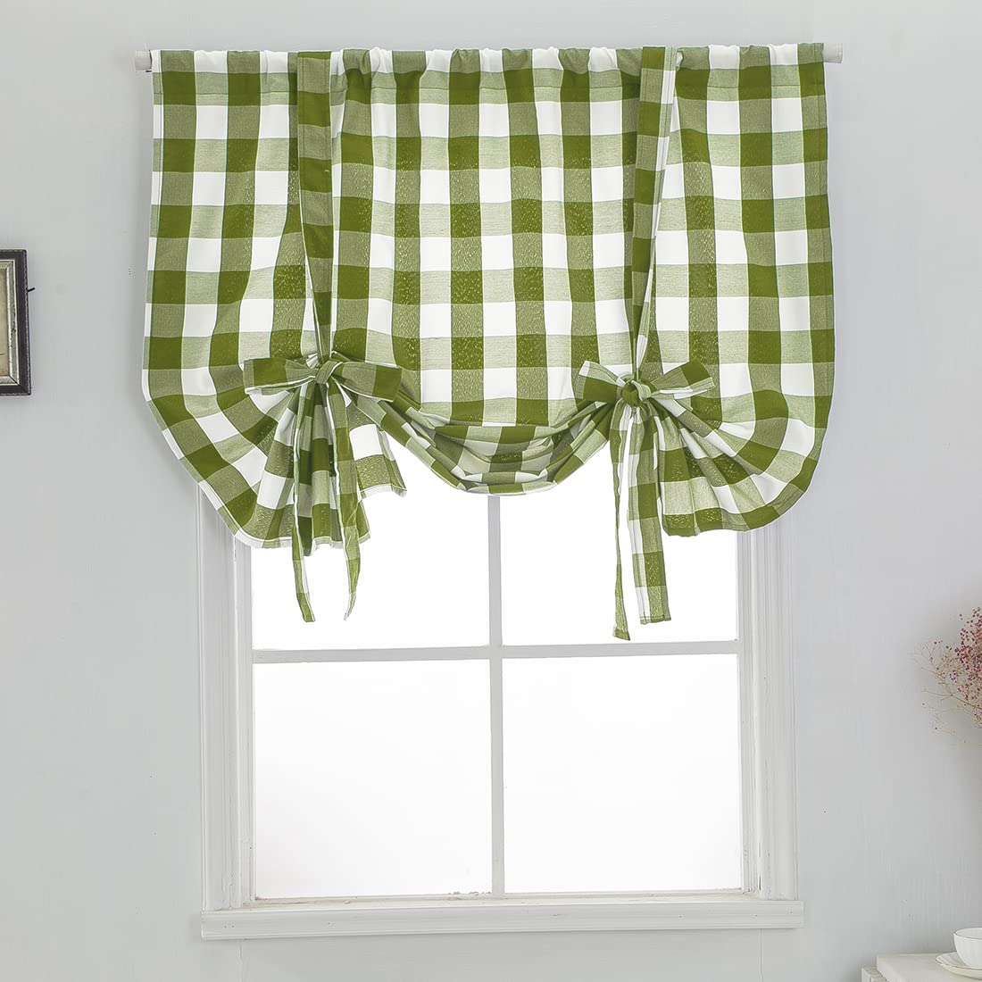 vctops Green and White Buffalo Check Tie Up Curtains Farmhouse Thermal Insulated Window Adjustable Balloon Curtain Shade for Small Window (46" x 63", Green)