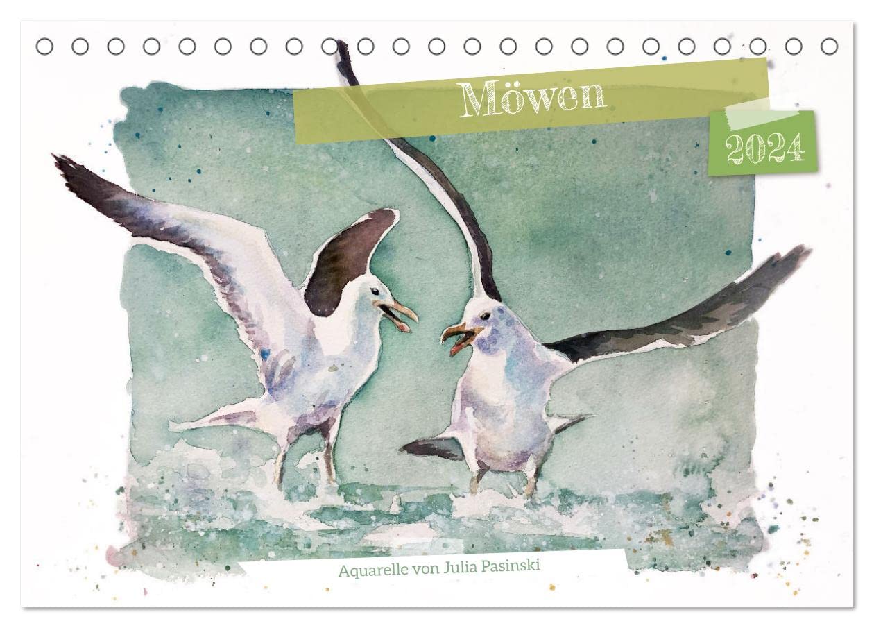 Möwen - Aquarelle von Julia Pasinski (Tischkalender 2024 DIN A5 quer), CALVENDO Monatskalender: Zwölf Möwenmotive begleiten Sie durch das Jahr