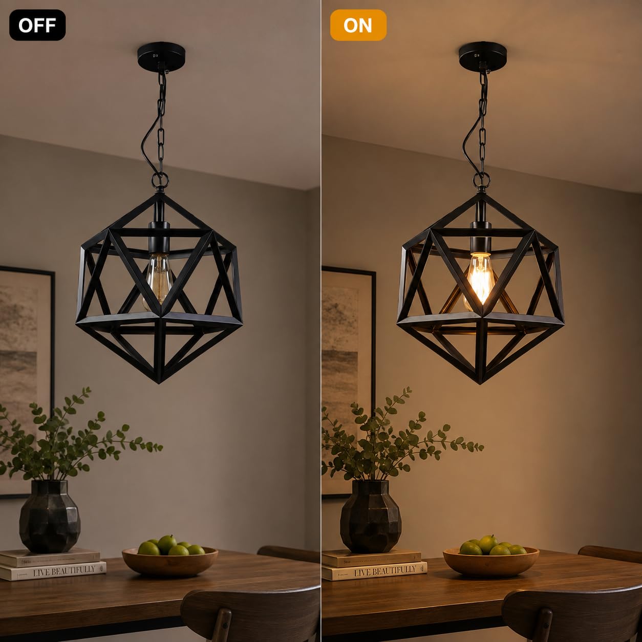 Czarne geometryczne zawieszenie z regulowanym łańcuchem, trzonek E26 | Czarna lampa wisząca z otwartą klatką geometryczną i regulowanym łańcuchem, idealna do jadalni.