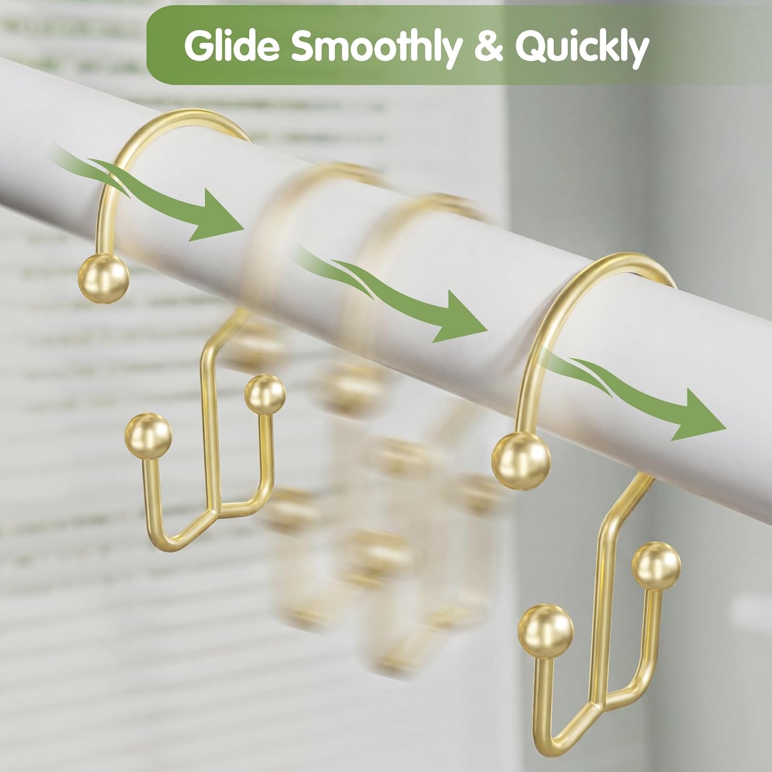 OEH Shower Curtain Hooks, Metal Shower Curtain Rings, Gold Shower Curtain Hooks Rust Proof, Double Shower Rings for Curtain, Easy Install Anti-Drop Shower Hooks for Shower Curtain (Gold, 12 Pack)