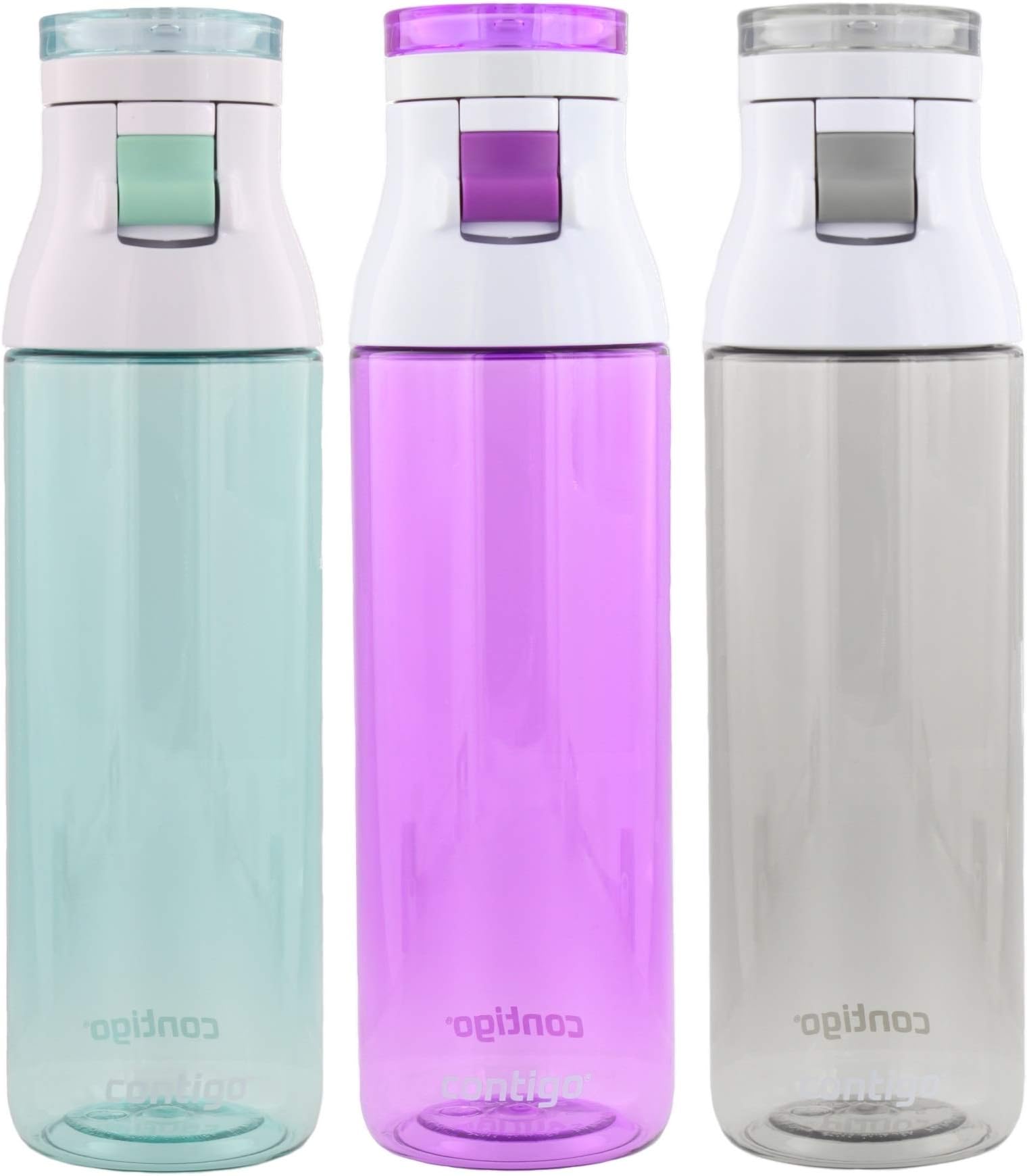 Contigo Jackson Reusable Water Bottle - BPA Free, Easy Push Button, Carry Loop - Top Rack Dishwasher Safe - Great for Sports, Home, Travel- 24oz, Greyed Jade, Radiant Orchid & Smoke (3pk)