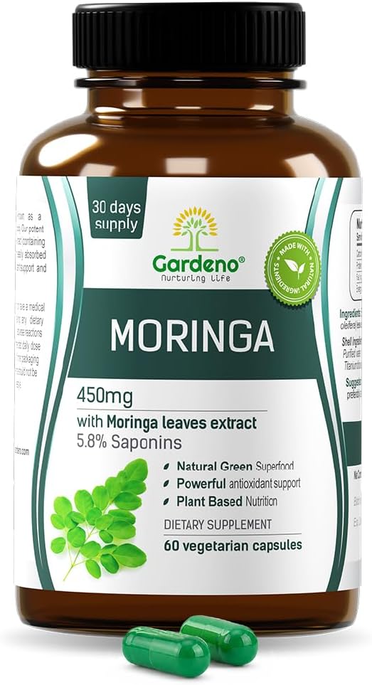 Gardeno Organic Moringa 450 mg 60 Veg Capsules From Standardized Moringa Leaf Extract | Superfood Supplement | Rich in Antioxidants, Essential Vitamins & Amino Acids Immunity, Blood Sugar Support
