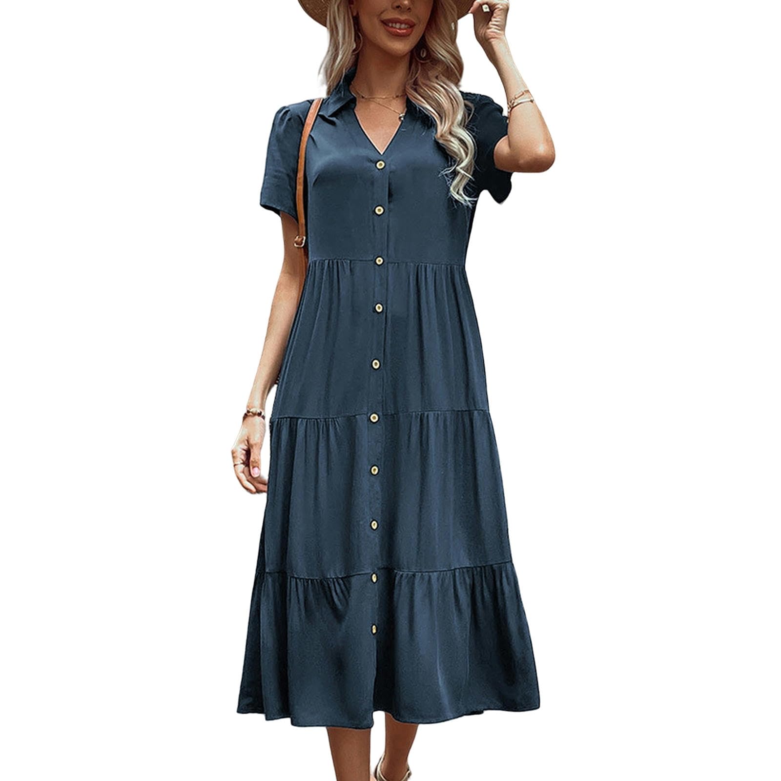 Vestidos para mujer, cuello en V, botones, manga corta, con volantes, acampanado, vestido camisero midi fluido. YYEFNMAZ