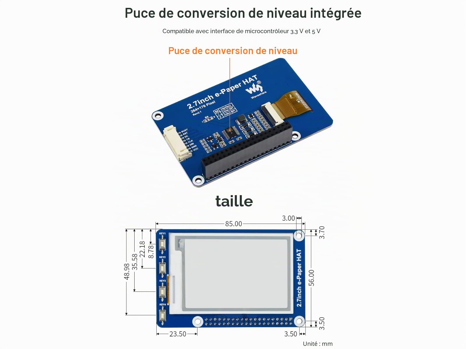 2.7inch E-Paper Display Module 264x176 Resolution 3.3V/5V Two-Color E-Ink Display epaper Screen Hat for Raspberry Pi/Jetson Nano/Arduino/Nucleo Support Partial Refresh,SPI Interface