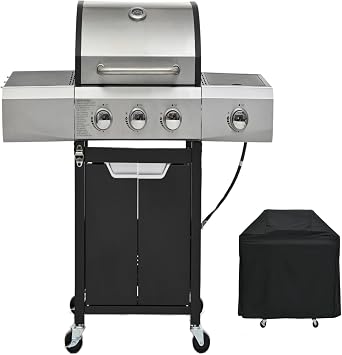 3-Burner Propane Gas Grill with Side Burner and Cover - Stainless Steel BBQ Grill for Outdoor CookingCamping