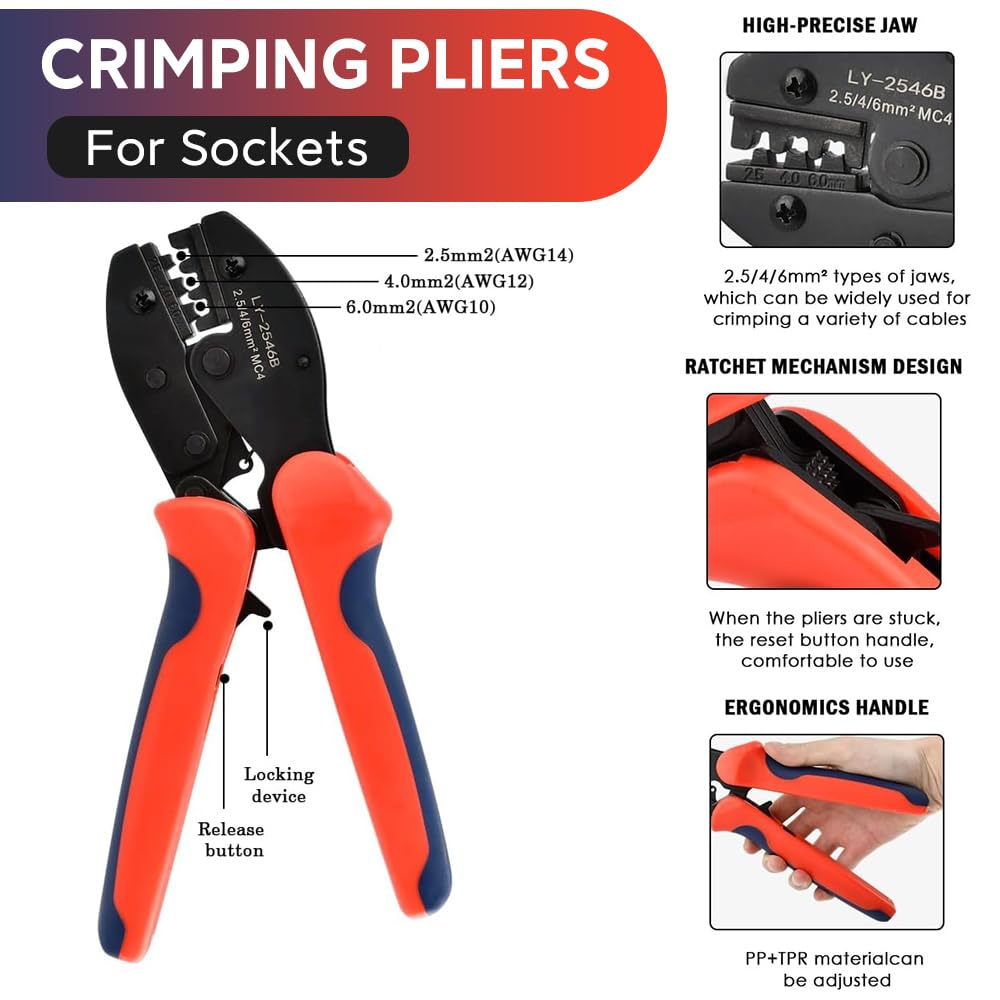 Solar Crimping Tools Set MC4 Crimping Tool Kit for 2.5/4/6mm Solar Panel PV Cable, 10 Pairs Male/Female Solar Panel Connectors,Solar Photovoltaic Crimper Plier,10 Pairs Copper Needle,2 Spanner Wrench - Image 3