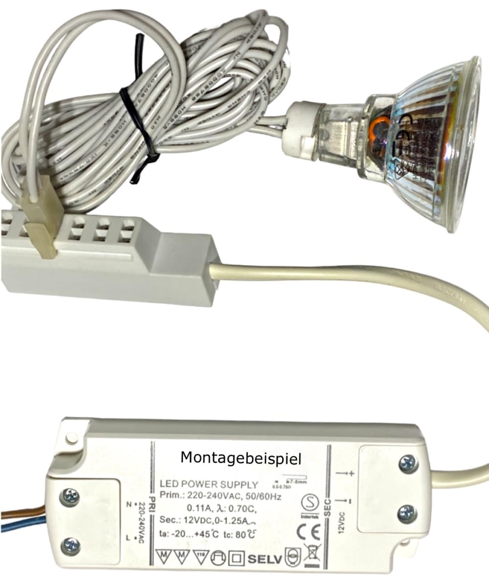 LED Einbaustrahler 5er Set – 12V, 5W, Warmweiß (3000K) – IP44 Feuchtraum geeignet – inkl. Trafo, 120 cm MR16-auf-AMP-Kabel & Verteiler – für Bad, Küche, Dusche & überdachten Außenbereich – Weiß