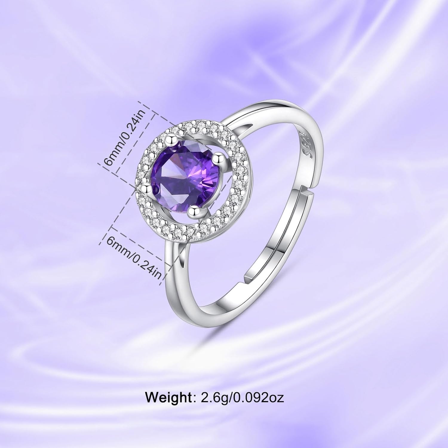 INFUSEU February Birthstone Ring Purple Stone for Women Thin Sterling Silver 925 Fashion Amethyst Violet Jewelry Gift Adjustable Size 7 6 8 Birthday Valentines Mothers Day - Image 6