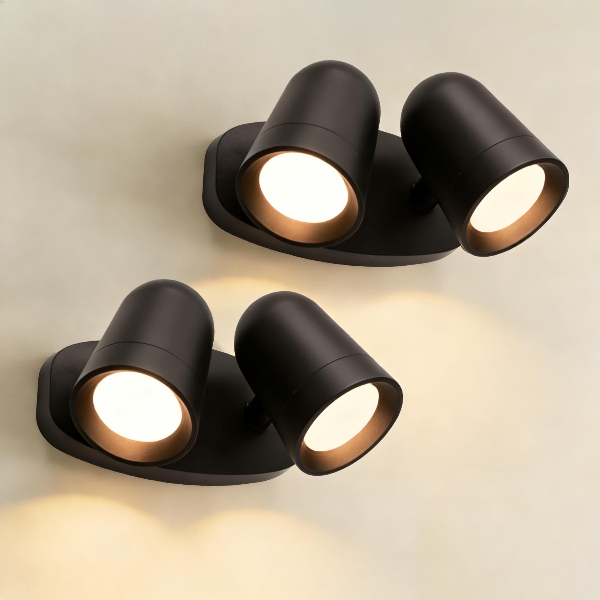 JNR Aussenlampe Wand, Doppel Strahler 330°Schwenkbar, Schwarz 2 Pack | Einstellbarer Beleuchtungswinkel, IP65 Wasserdichte 230V Aluminium Außenlampe, 2*5W GU10 3000K LED Glühbirne Wandleuchte