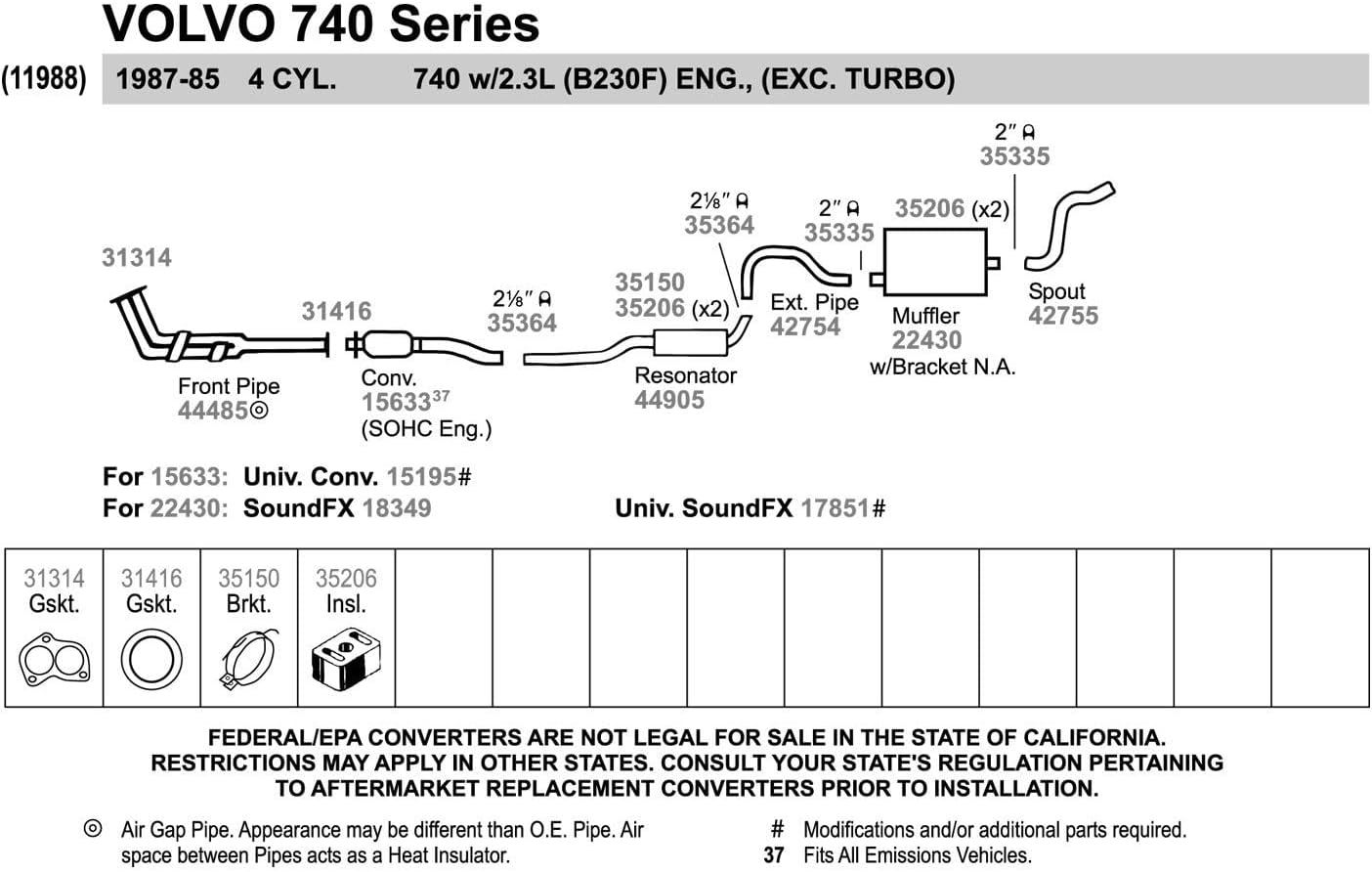 Walker Quiet-Flow SS 22430 Direct Fit Exhaust Muffler 2" Inlet (ID) 2" Outlet (OD) for Volvo 940