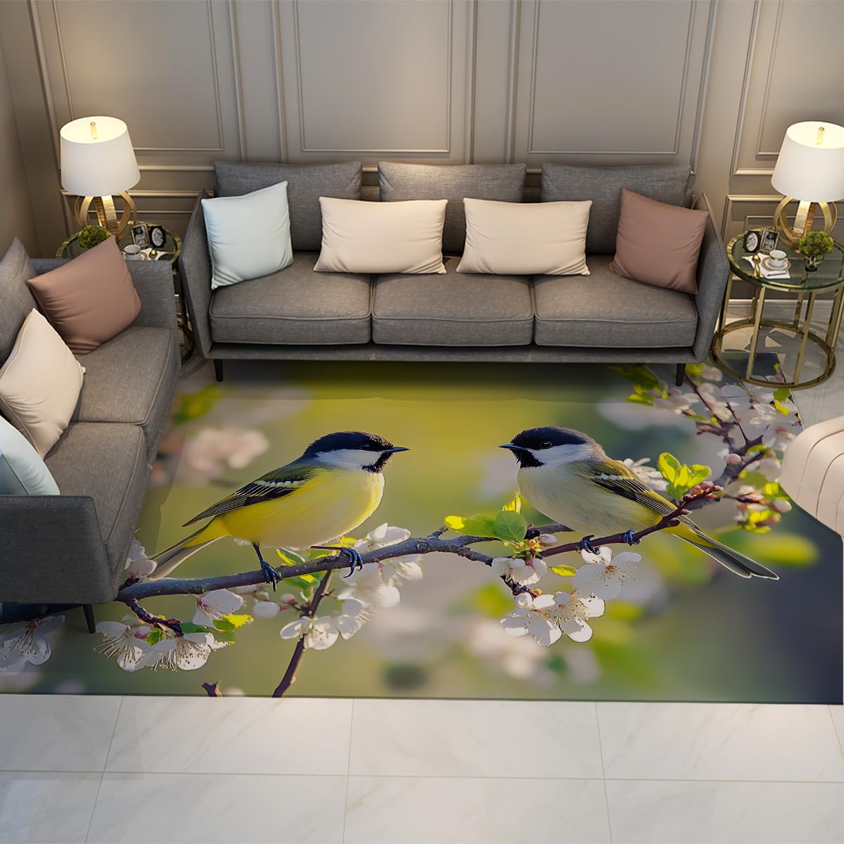 Tapis de balcon printanier lavable aux fleurs blanches et oiseau
