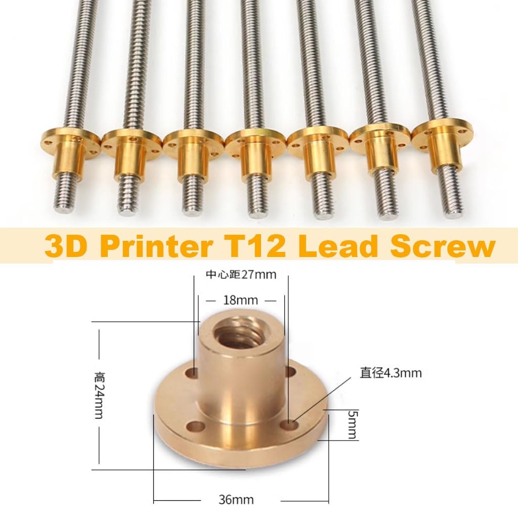 Gewindestange aus Edelstahl, 1 Stück T12 3D-Drucker, Blei 8 mm, Länge 100 mm, 150 200 250 300 350 400 450 500 550 600 800 1000 1200 mm, Edelstahlstange mit Kupfermutter