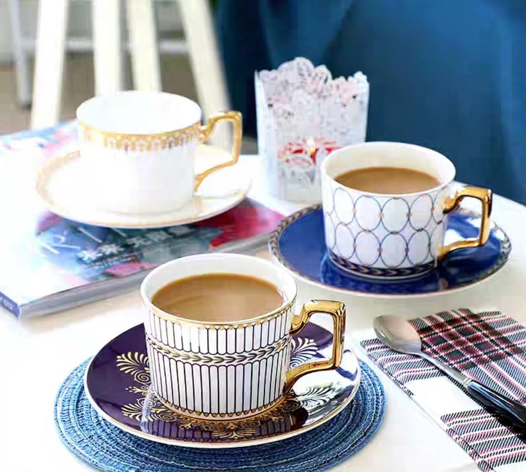 Einfache Keramik-Kaffeetasse*Milchtasse* Lustiges Kaffeetasse-Teetasse-Tasse- und Untertasse-Löffel-Set, modisch bedruckte Keramik-Kaffeetasse mit Goldgriff und Knochenporzellan, geeignet for Nachmitt