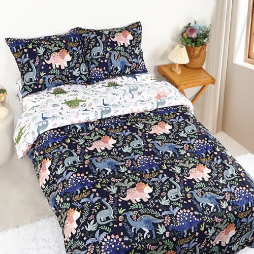Image of Toddler Bedding Sets Twin Size for Girls, Dinosaur Toddler Crib Bedding Set 5 Piece Floral Toddler Comforter Set Includes Flat Top Sheet, Fitted Sheet, Comforter, Envelope Pillowcase, Soft & Comfort