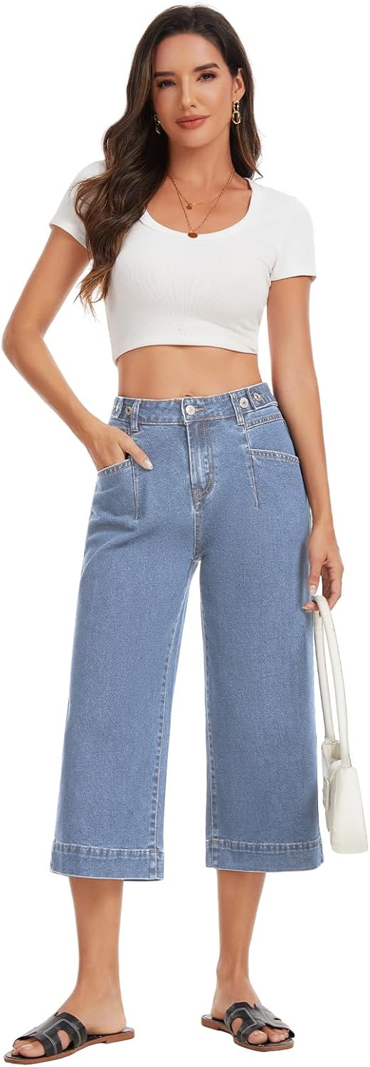 Metietila Capri Jeans for Women Mid Rise Trendy Baggy Strechy Straight Wide Leg Cropped Denim Jeans Pants with Pockets