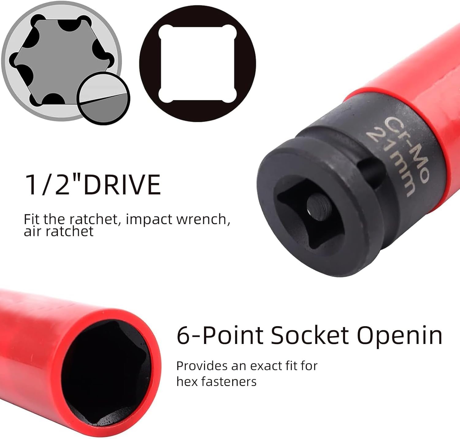 NORTOOLS 1/2-Inch Drive Lug Nut Socket Set, 5pcs Lug Nut Thin Wall Deep Socket Set with Color-Coded Protective, (Metric 17mm, 19mm, 21mm & SAE 13/16" 7/8") CR-MO Steel, 6 Point, Non-Marring
