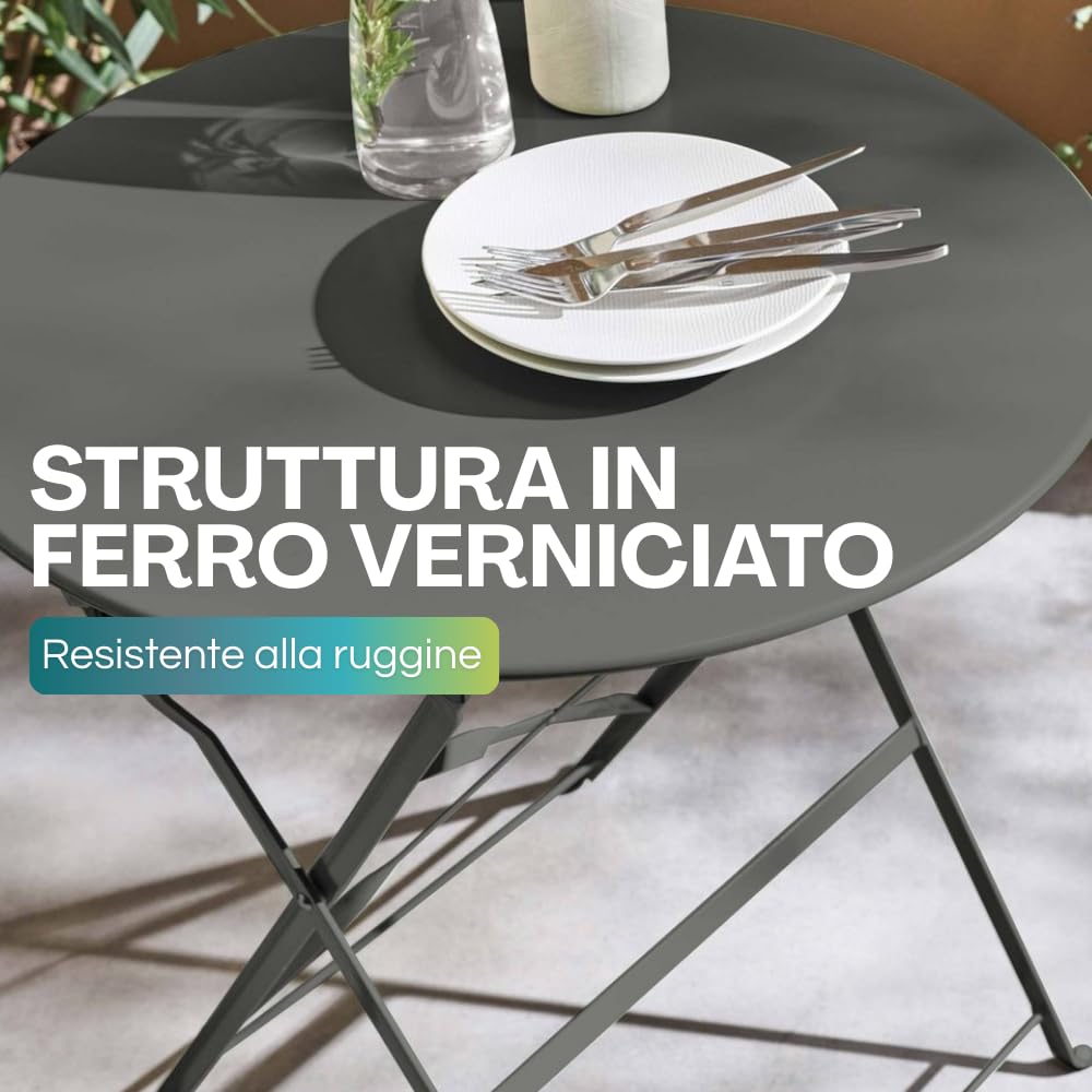 PALUPLUS Set da Bistrot 3 Pezzi, Tavolo TONDO Pieghevole 60x71 cm, 2 Sedie in Metallo 41x46x90 cm, per Balcone e Giardino, Design Retrò e Salvaspazio -7155F-15,8 (Grigio Antracite)