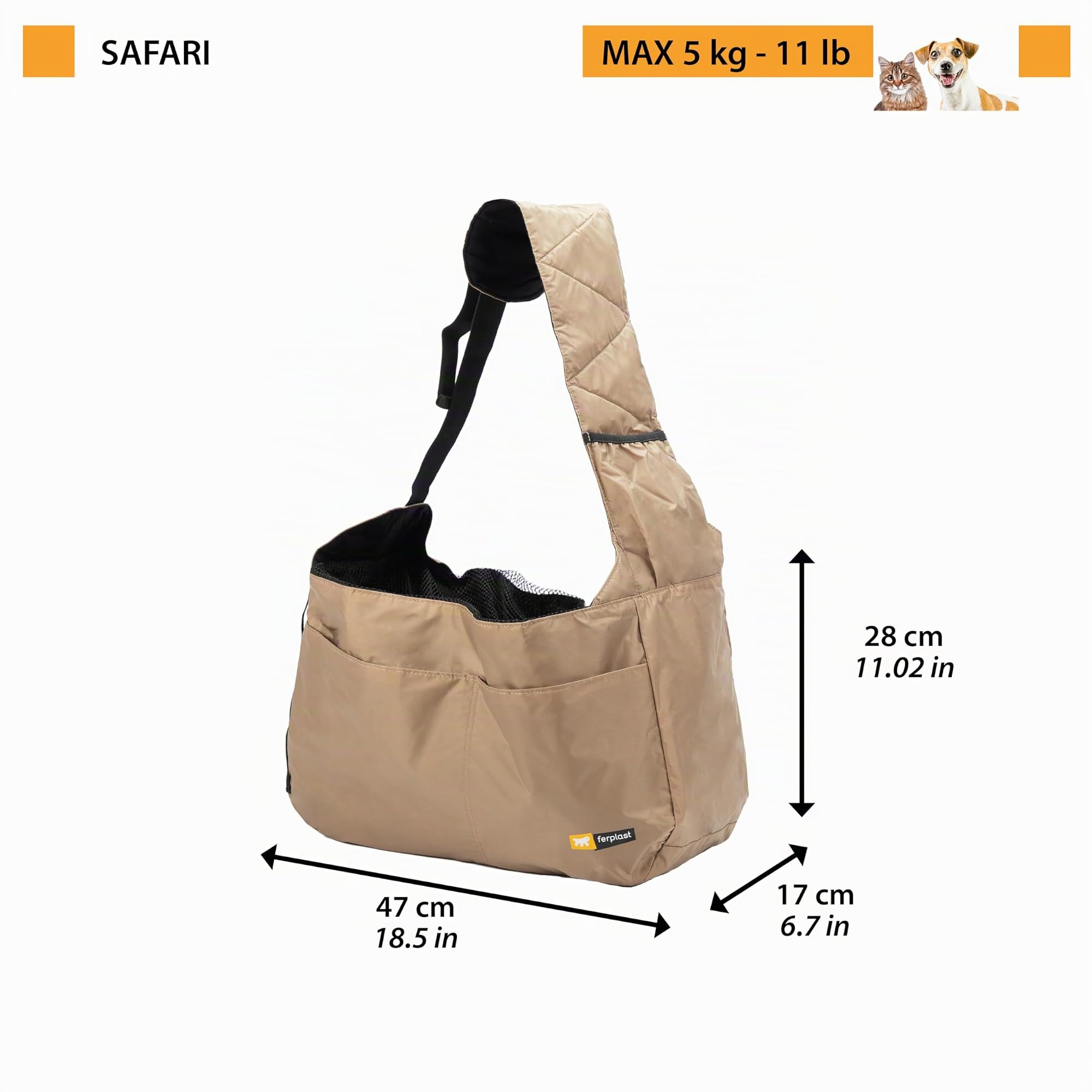 Ferplast Sac de Transport pour Chat Safari, Sac Transport Chien, Caisse de Transport Chat, Bandoulière réglable, Sangle de sécurité, Lavable, Max 5 kg, 47 x 17 x h 28 cm