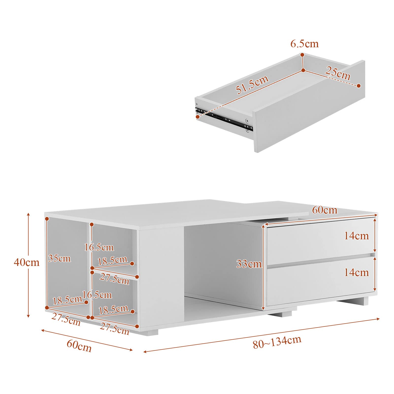 TUKAILAI Weißer Ausziehbarer Couchtisch mit LED-Lichtern, Couchtisch mit Stauraum, 4 Schubladen, großes Aufbewahrungsregal Holzsofa, Moderner Holztisch, Wohnzimmer Kaffeetisch