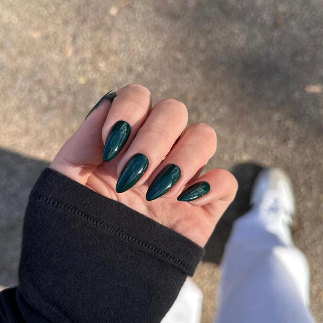 SXVME 48 Pcs Dark Green Press on Nails Almond Medium Acrylic False Nails Medium Stiletto Natural Fake Nail Set Elegant Solid Color Full Cover Glossy Gel Stick on Nails for Women Daily Wear - Image 2