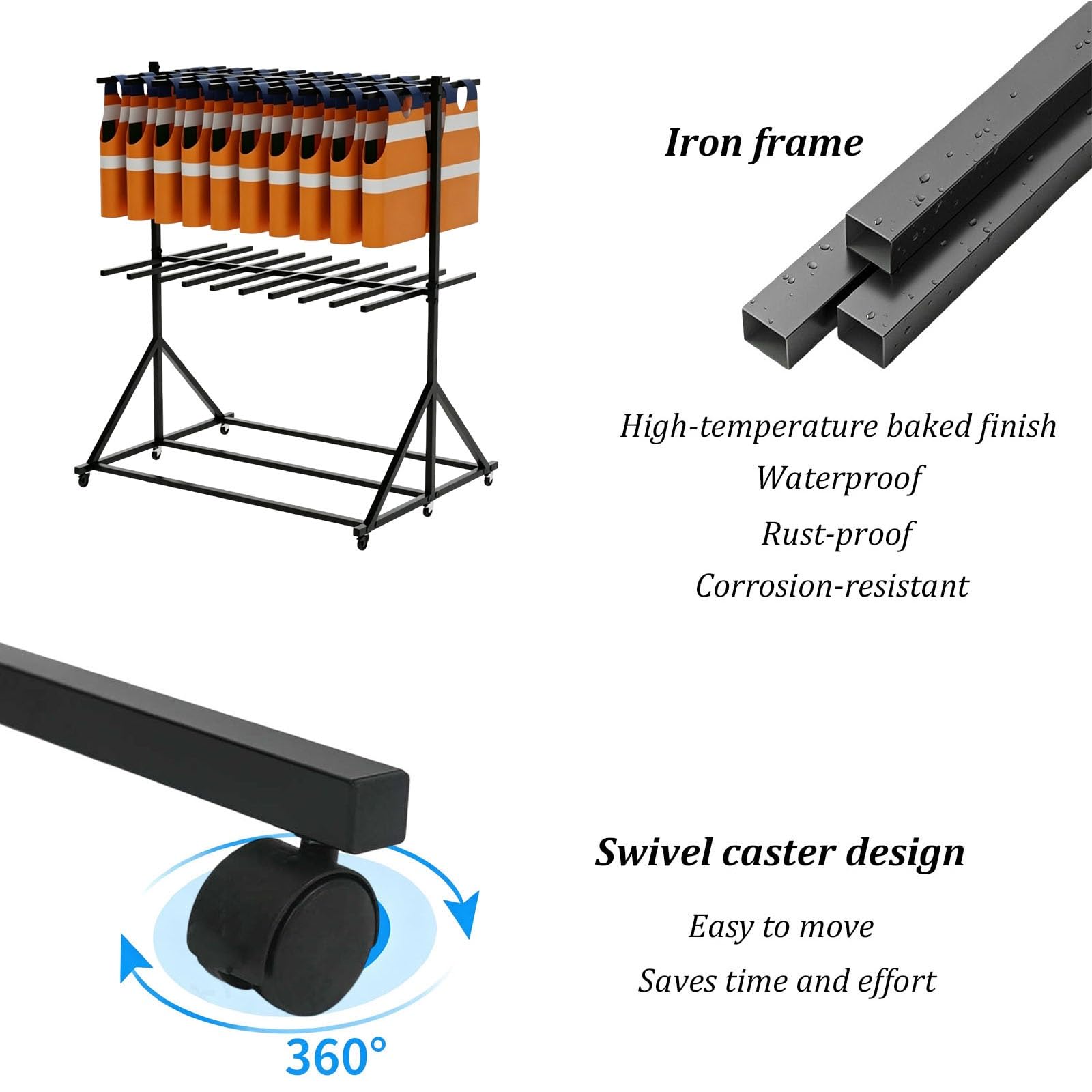 Rack mobile e robusto per l'asciugatura e l'organizzazione di giubbotti di salvataggio e attrezzature di sicurezza per sport acquatici (ideale per parchi acquatici e piscine).
