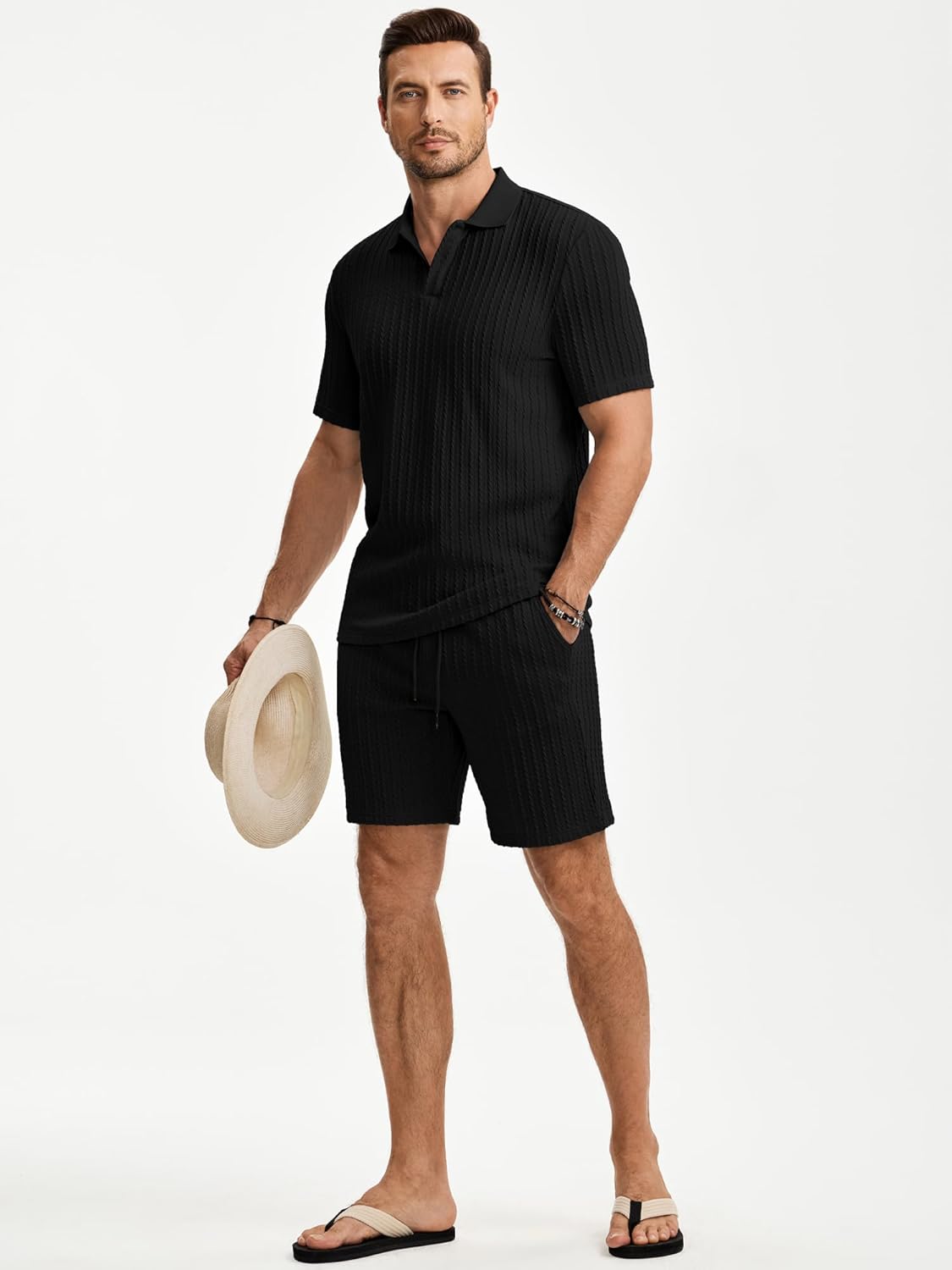 JMIERR Men's Summer Beach Outfits 2 Piece Jacquard Knit Lounge Short Sleeve Shirts & Shorts Vacation Texture Sets - Image 3