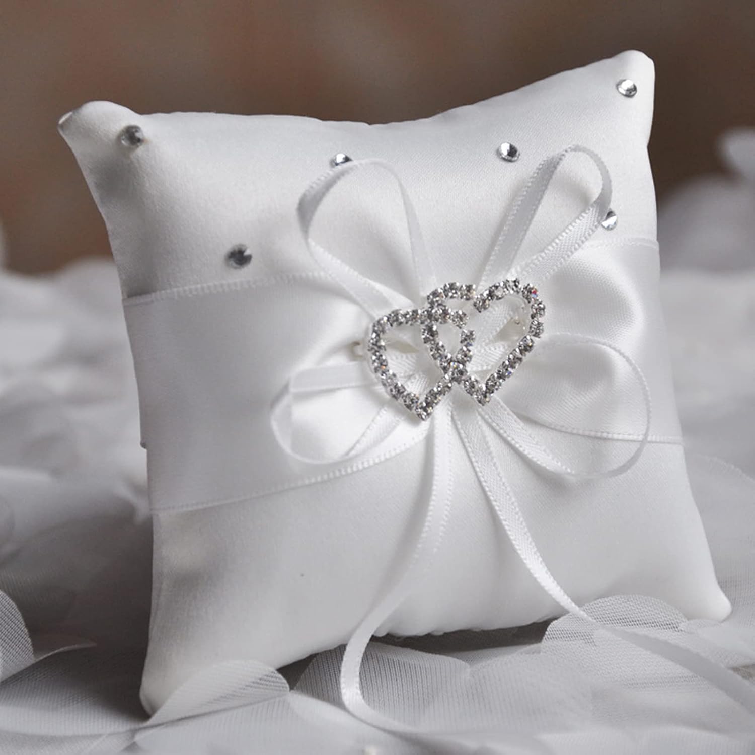 Ring Bearer Pillow, Wedding Flower Girl Basket, Royal Blue Ribbon, Cute Cherish Double Heart Rhinestone Satin Petals Basket Ring Cushion(White)