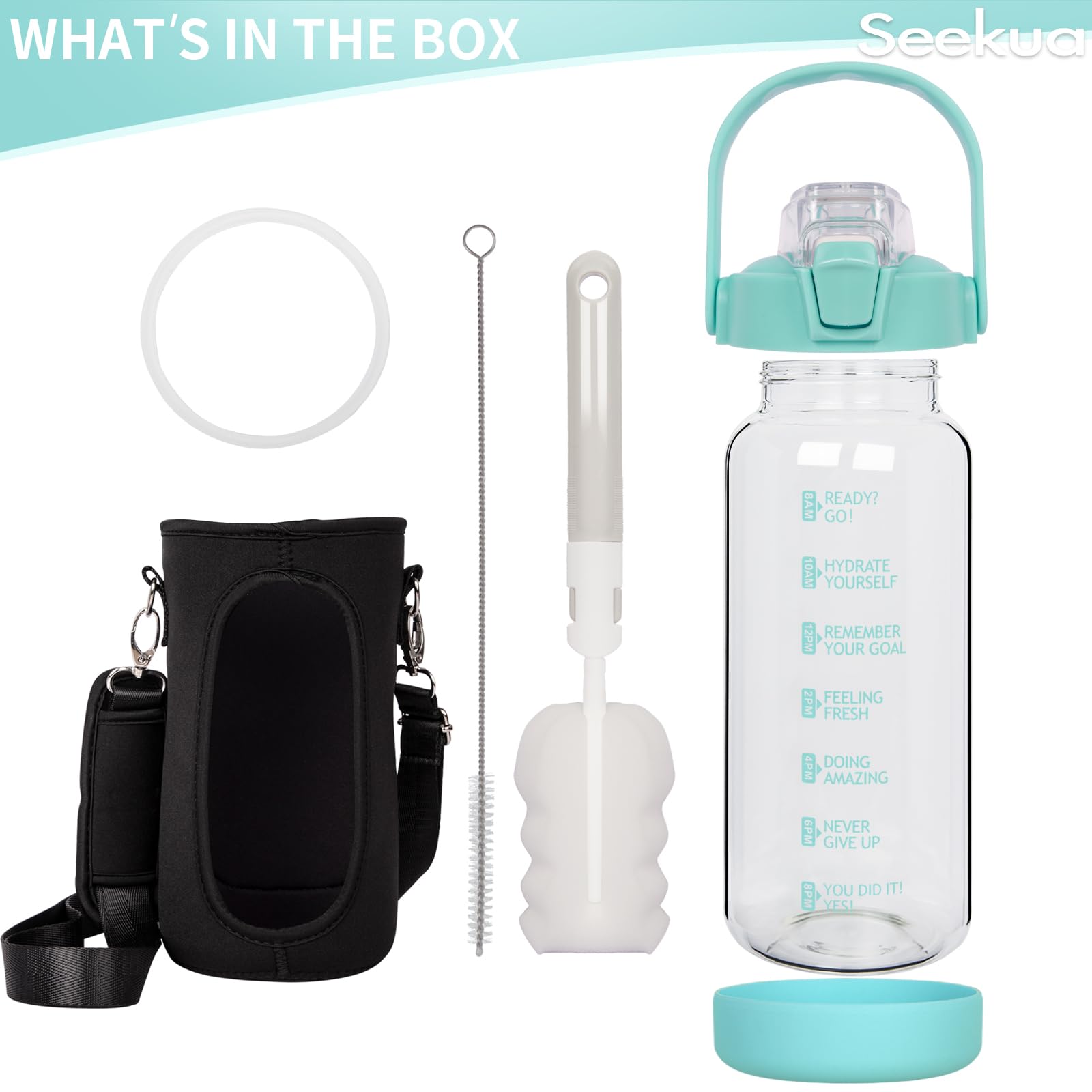 Seekua 2l Glass Water Bottle with Straw & Motivational Time Markings 2 litre Large Leakproof Gym Drinking Bottle - Image 4