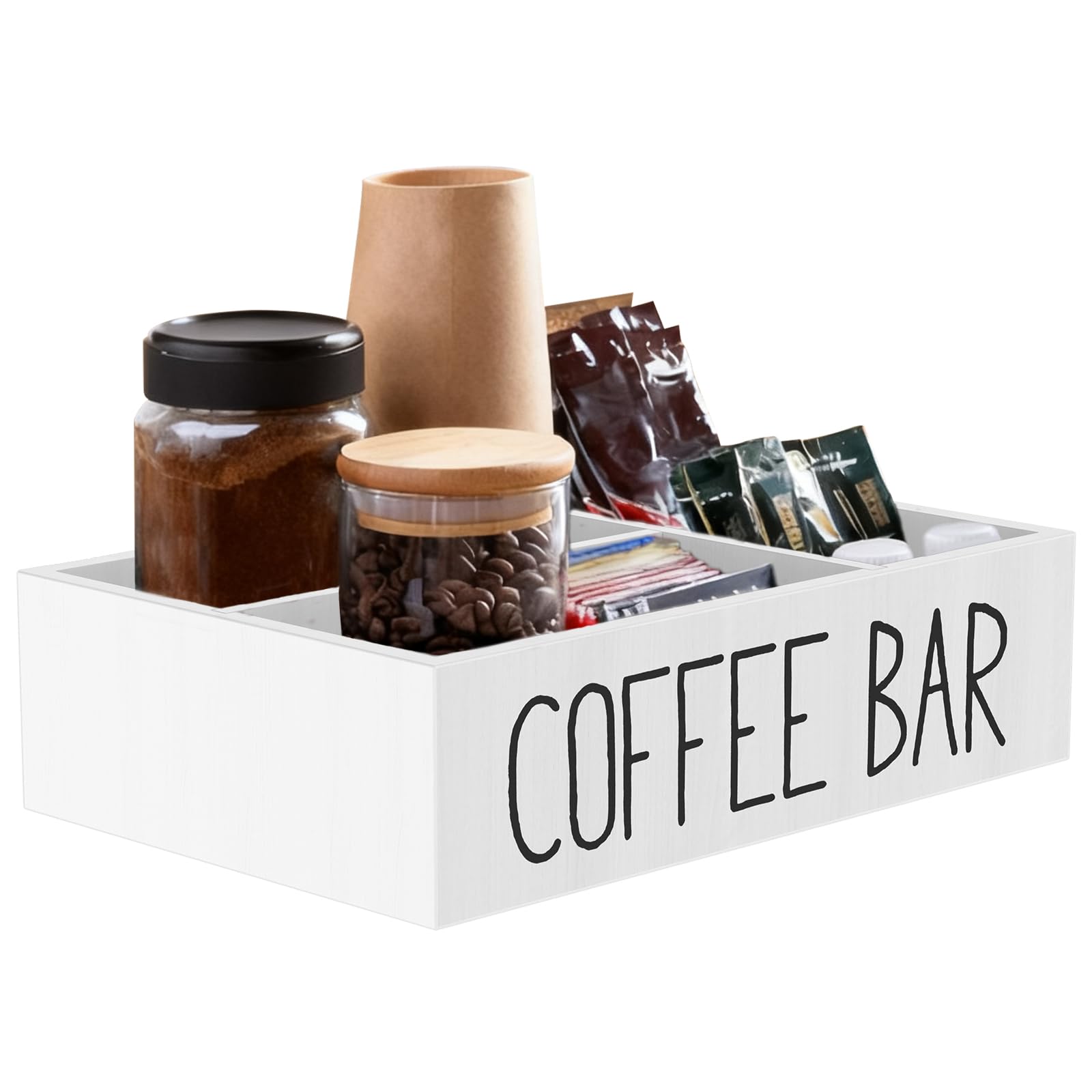 YUNYOUC Coffee Station Organizer, 4 Compartments Coffee Condiment Storage, Wooden Kitchen Storage Shelf for Sugar, Creamer, Tea, Bar Accessories Caddy for Home, Office(White)