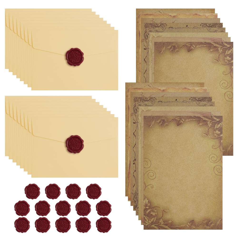 AOOSU 48 Pcs Vintage Writing Paper and Envelopes, Letter Writing Set with 16 Vintage Envelopes,16 B6 Letter Paper, 16 Wax Seal Stickers for Birthday Wedding Invitation Birthdays Greeting Cards