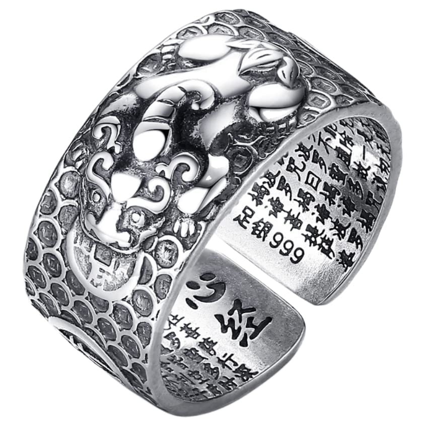 Glowave 999 Sterling Silver Feng Shui Pixiu Ring, Adjustable Pi Xiu Fortune Protection Ring, Anillo Feng Shui De La Buena Suerte, Lucky Fengshui Decor for Wealth Luck Happiness
