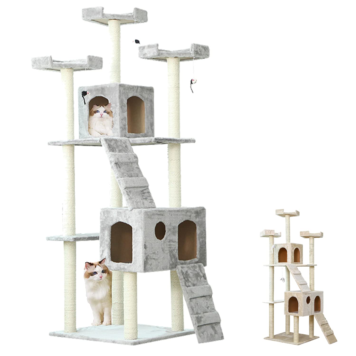 OKJ Cat Tree Cat Tower 72'' for Indoor Cats, Multi-Level Cat Condo with Hammock & Scratching Posts for Kittens, Tall Cat Climbing Stand with Plush Perch & Toys for Play Rest (185CM,Gray)