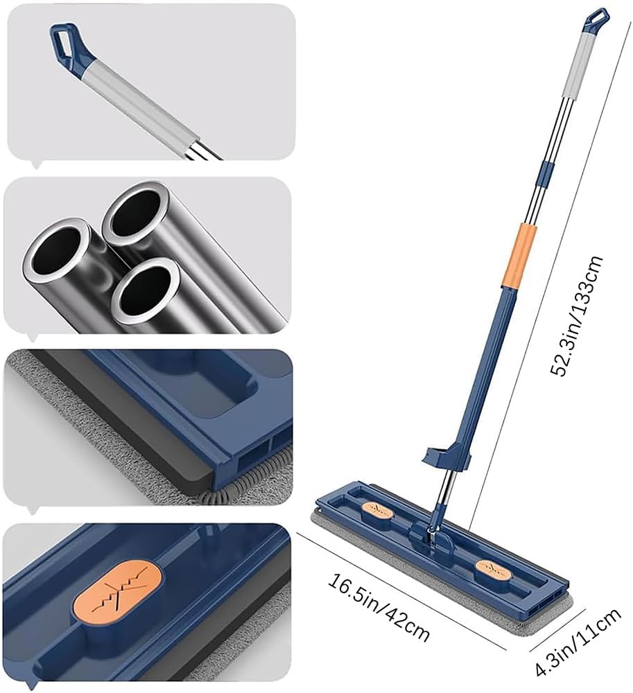 Large Flat Mop, Saker Plus Self Wringing Mop 360° Rotating Flat Mops with Washable Microfiber Pads, Independent Drainage Scraper Floor Cleaning System (Blue Flat Mop & Bucket Set, 6 Microfiber Pads)
