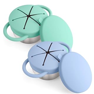 Mity rain Stainless Steel Snack Containers for Toddlers with Spill-Proof Silicone Lids Handles - 3-in-1 Baby Snack Cups, No-Spill Toddler Snack Box (Blue+Green, Two piece set) - Amazon product rated Grade A