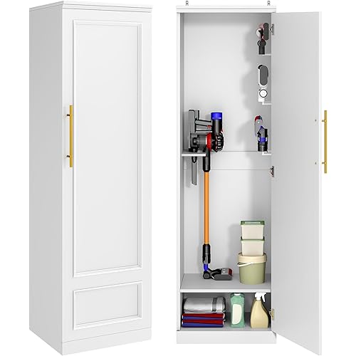 Broom Closet Storage Cabinet, 65" H Slim Utility Closet with Door and Shelf, Tall Vacuum Storage Cabinet with Hooks for Cleaning Tool, Broom Closet Organizer for Bathroom, Garage, White