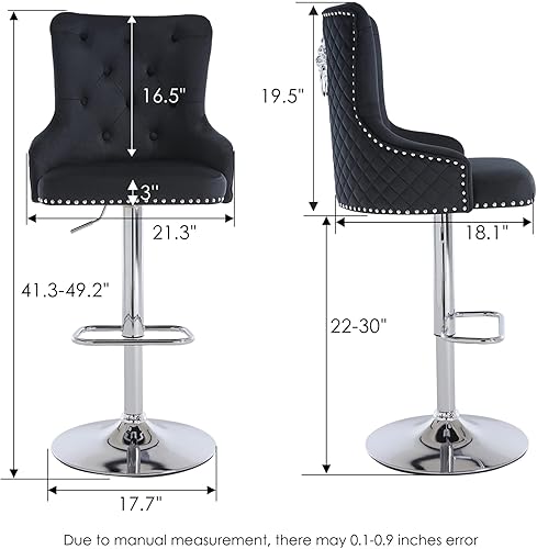 Miniatura 2 de Juego de 2 taburetes de bar de terciopelo, modernos taburetes giratorios ajustables en altura de mostrador con respaldo alto copetudo, base cromada,
