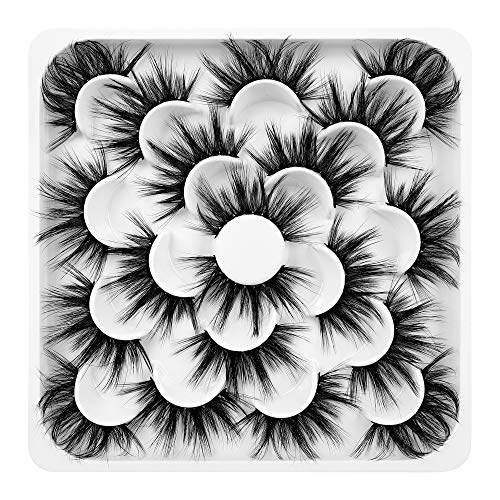 Yawamica 25MM False Eyelashes Faux Mink Lashes, Dramatic Long Fluffy Volume Fake Eyelashes Thick Strip Reusable Makeup 3D Eye Lashes Pack 10 Pairs