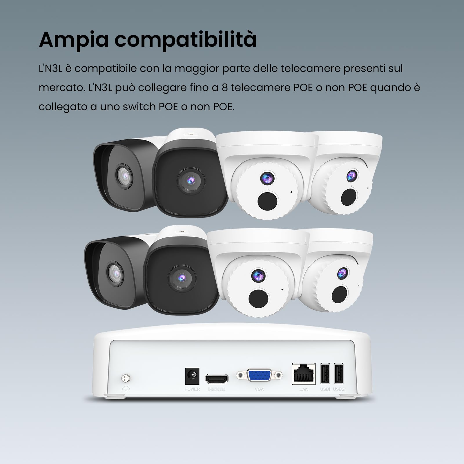 Tenda NVR 8 Canali - Videoregistratore di sorveglianza, Supporto Telecamera 8MP/6MP/5MP/4MP/3MP/1080P/720P/D1, H.265+, HDD(fino a 10TB)/Cloud Storage, Switch PoE/non PoE collegabile, N3L-8H