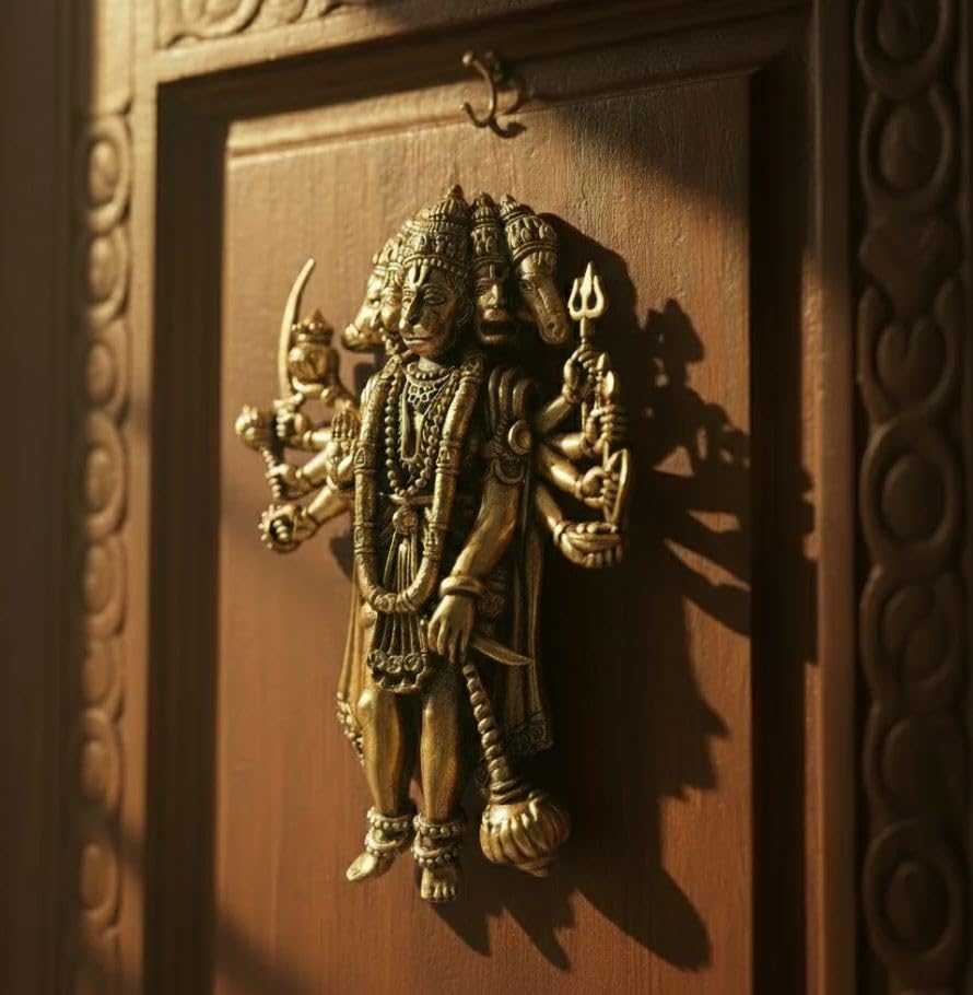 Image of The Spiritual Living Brass Finecrafted Panchmukhi Hanuman for Door Entrance | 4 Inch | Idol - Murti | Wall Hanging | Statue | Wall Decor | Pital Panchmukhi Hanuman Murti |