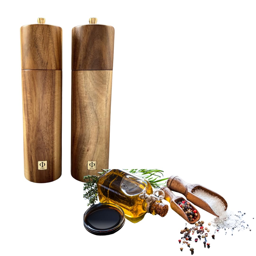 Salt and Pepper MillS in Acacia Wood with base Set, 8 Inch, Refillable, Set of 2