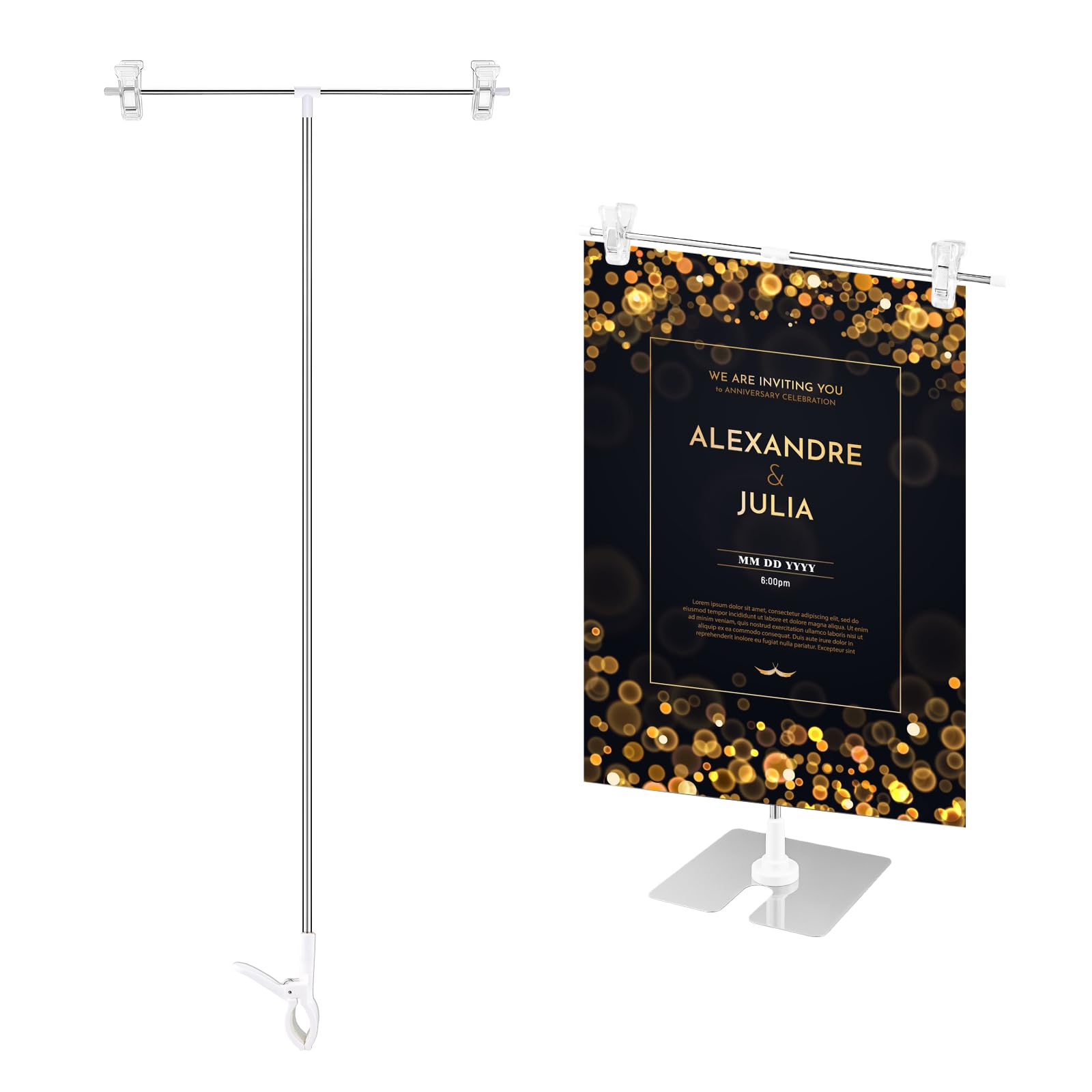 Kioiner 2pcs Sign Stand, Adjustable Poster Stand, T Shaped Stand, Adjustable Metal Banner Holder, Suitable for Weddings, Exhibitions, Displays, Advertising, Two Specifications, Silver